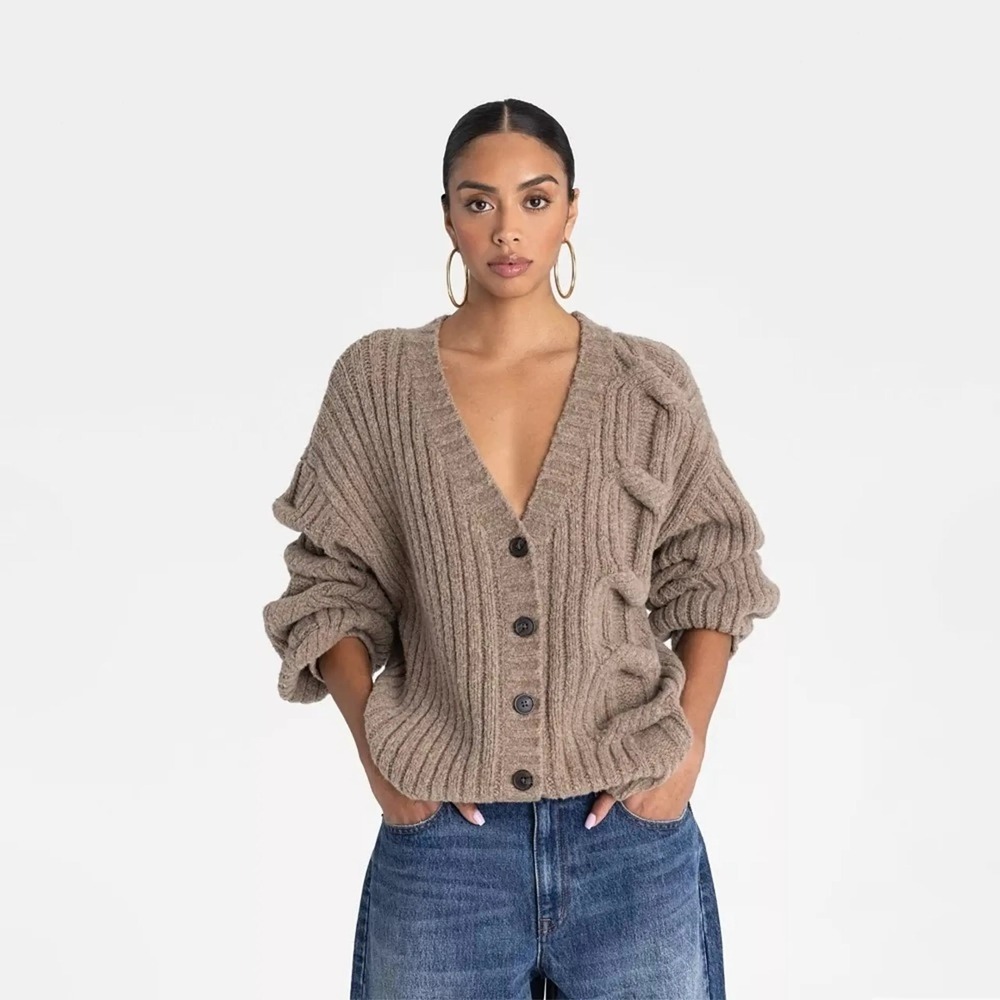 KBB Kahlana Barfield Brown Taupe Ribbed Cable Knit Button Front Cardigan NWT M